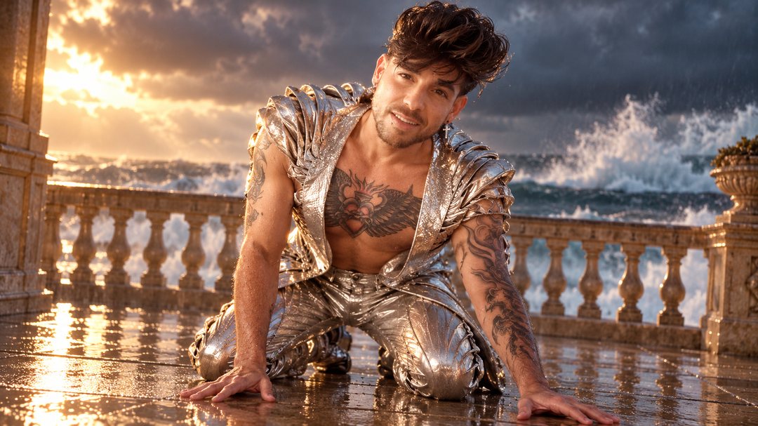 Mike Sain't Louis con traje plateado metalizado arrodillado en una terraza con balaustrada frente a un mar embravecido — retrato Tupé Grease PLANETA GAYFOLK.