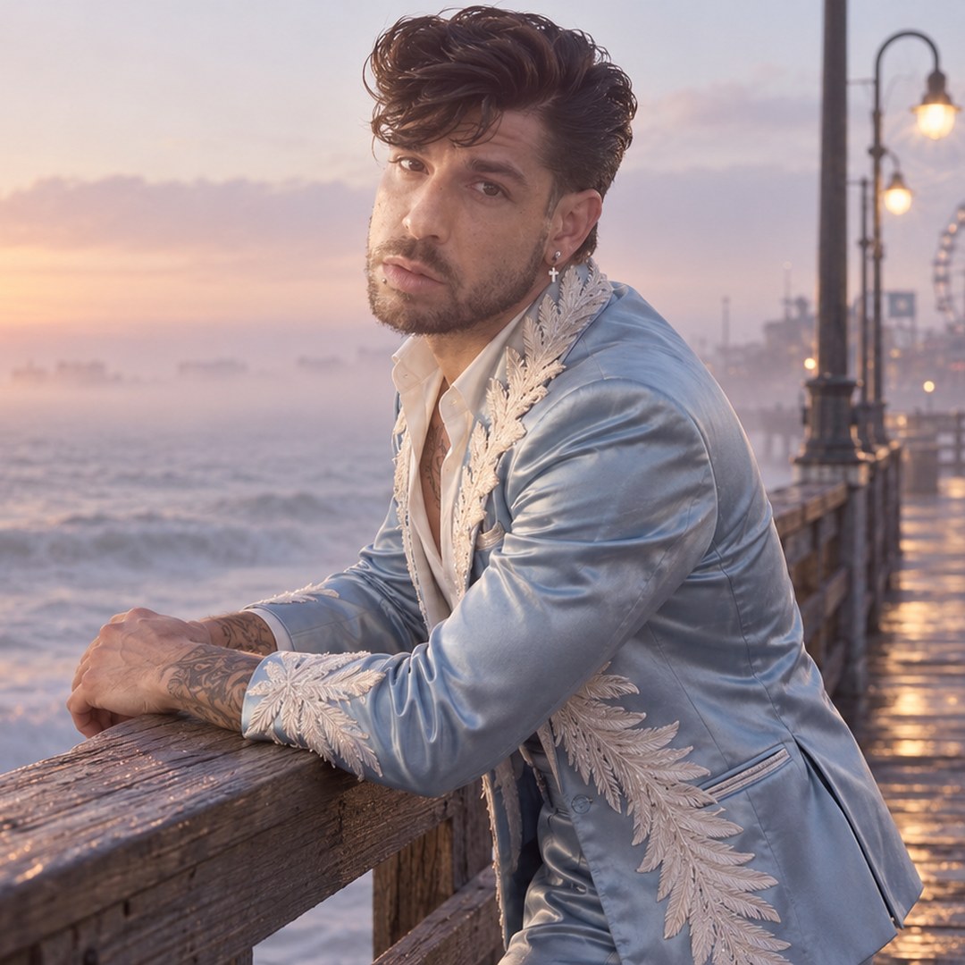 Mike Sain't Louis con chaqueta satinada azul claro con plumas apoyado en la barandilla de un muelle al atardecer — foto PLANETA GAYFOLK.