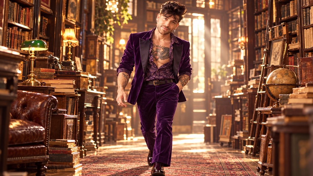 Mike Sain't Louis con traje de terciopelo morado caminando por una biblioteca antigua con lámparas verdes y un sillón de cuero — retrato Tupé Grease PLANETA GAYFOLK.