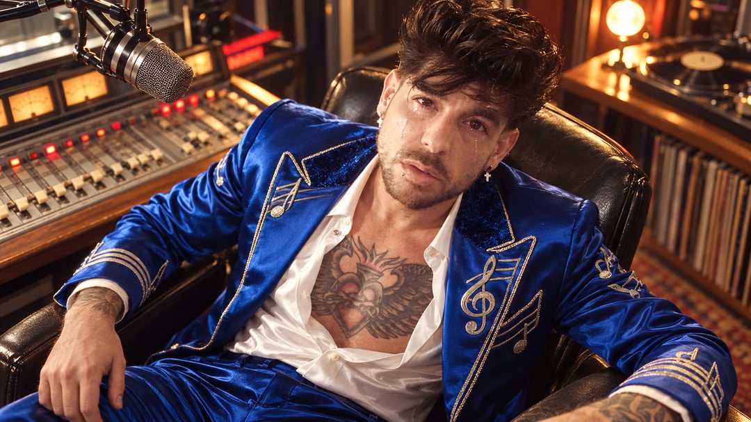 Mike Sain't Louis con traje western de satén azul bordado con notas musicales sentado ante una mesa de mezclas — retrato Tupé Grease PLANETA GAYFOLK.