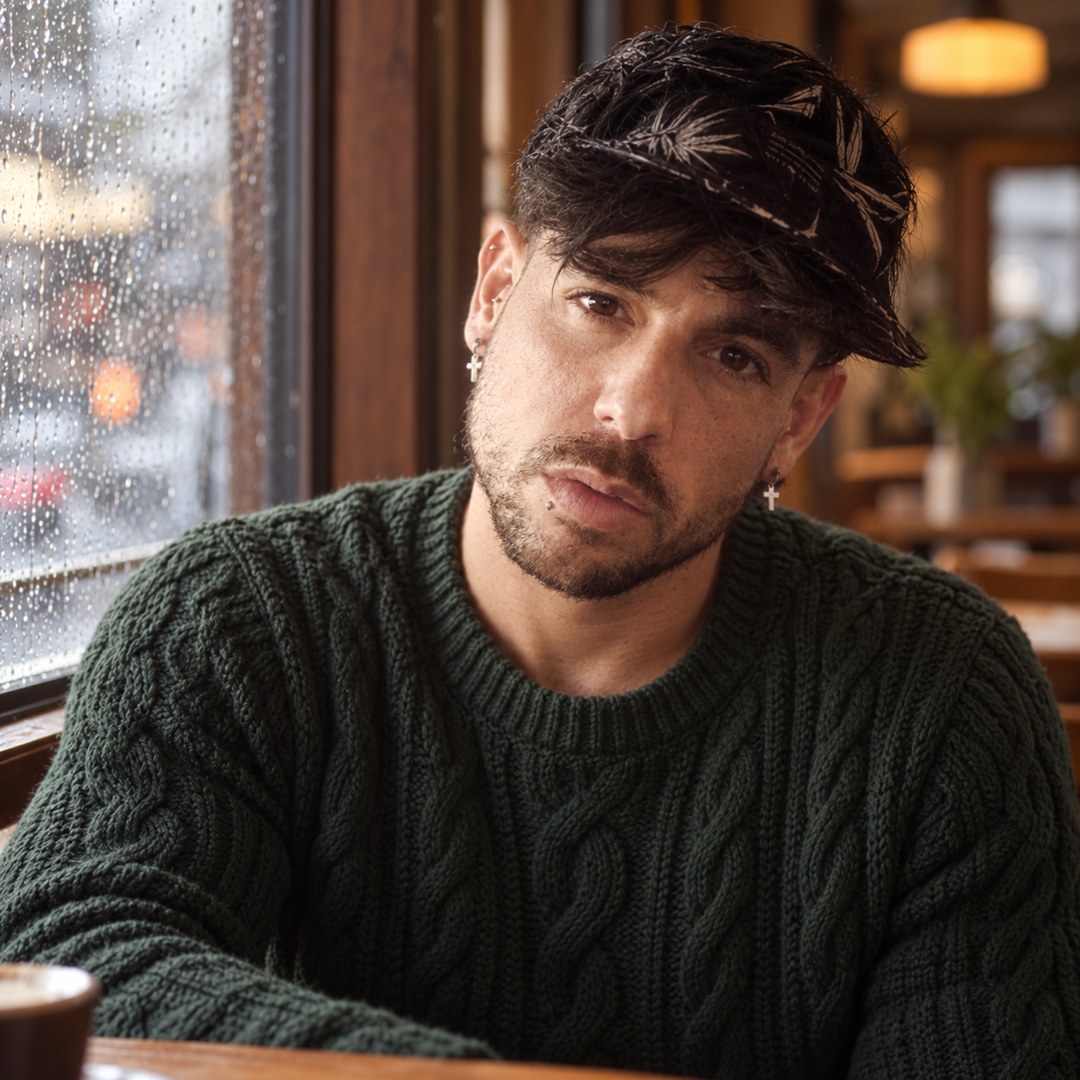 Mike Sain't Louis con jersey verde de ochos y gorra estampada junto a la ventana de una cafetería en un día de lluvia — foto PLANETA GAYFOLK.