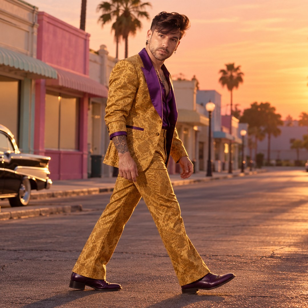 Mike Sain't Louis con traje dorado y camisa morada caminando por una calle con palmeras al atardecer — foto PLANETA GAYFOLK.