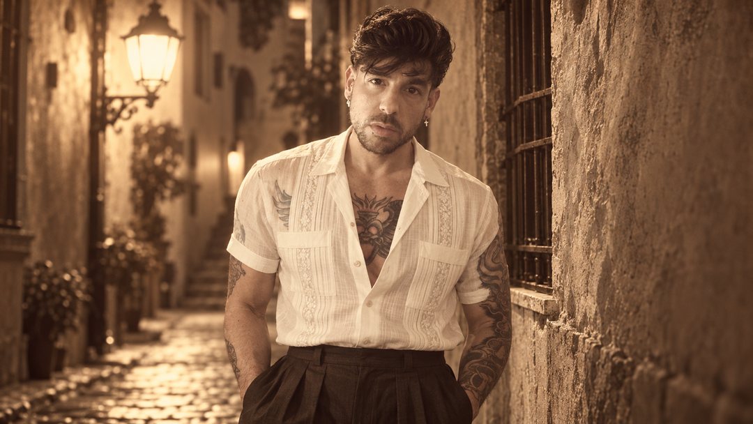 Mike Sain't Louis con camisa blanca de manga corta apoyado en un muro en un callejón empedrado con farolas — foto retro PLANETA GAYFOLK.