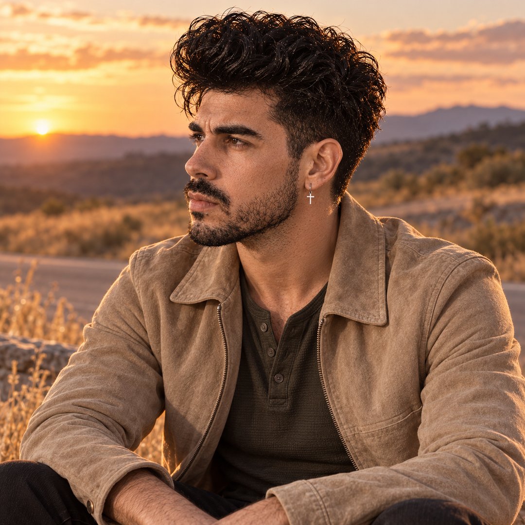 Mike Sain't Louis con chaqueta beige en el campo al atardecer — foto PLANETA GAYFOLK.