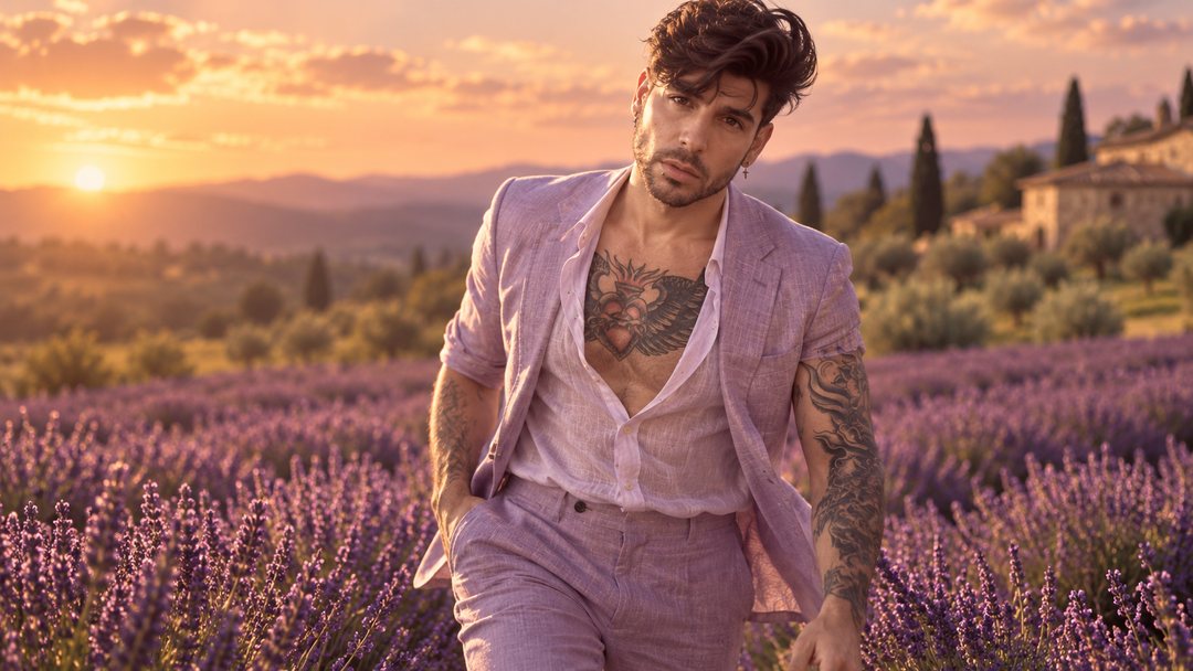 Mike Sain't Louis con traje lila y camisa rosa abierta caminando por un campo de lavanda al atardecer — retrato Tupé Grease PLANETA GAYFOLK.