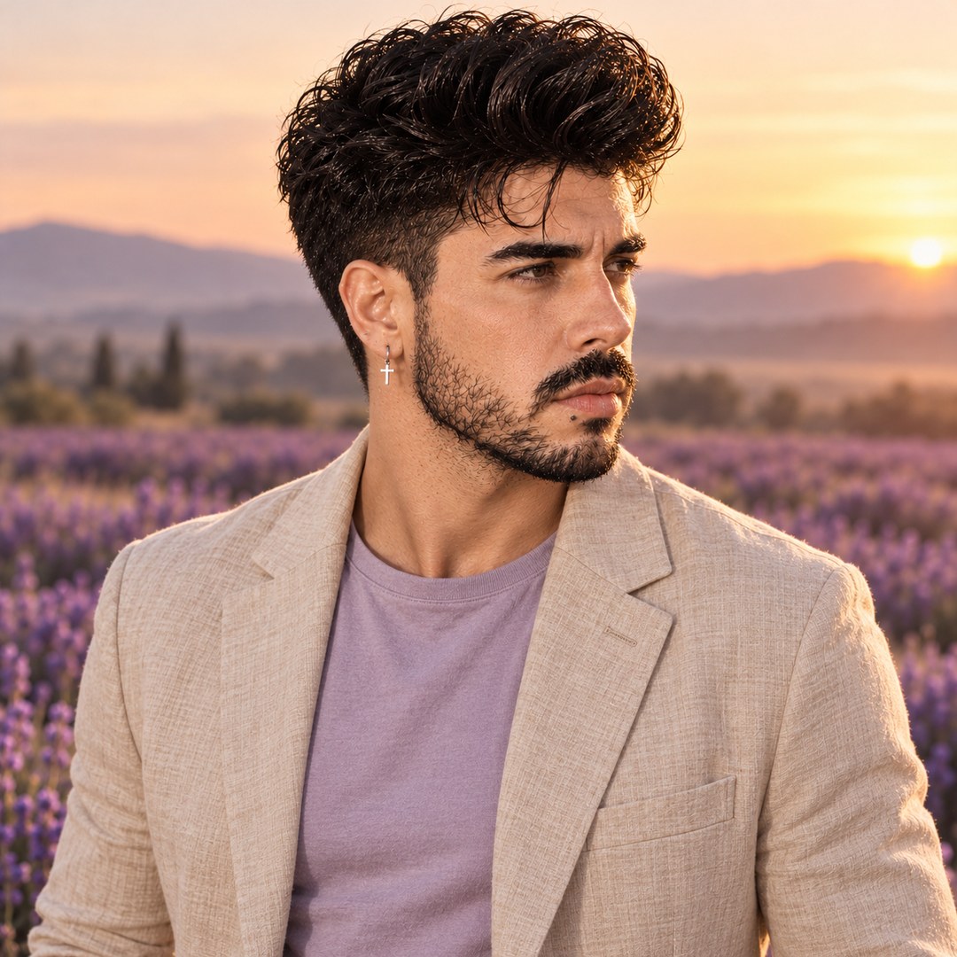 Mike Sain't Louis con americana clara entre campos de lavanda al atardecer — foto PLANETA GAYFOLK.