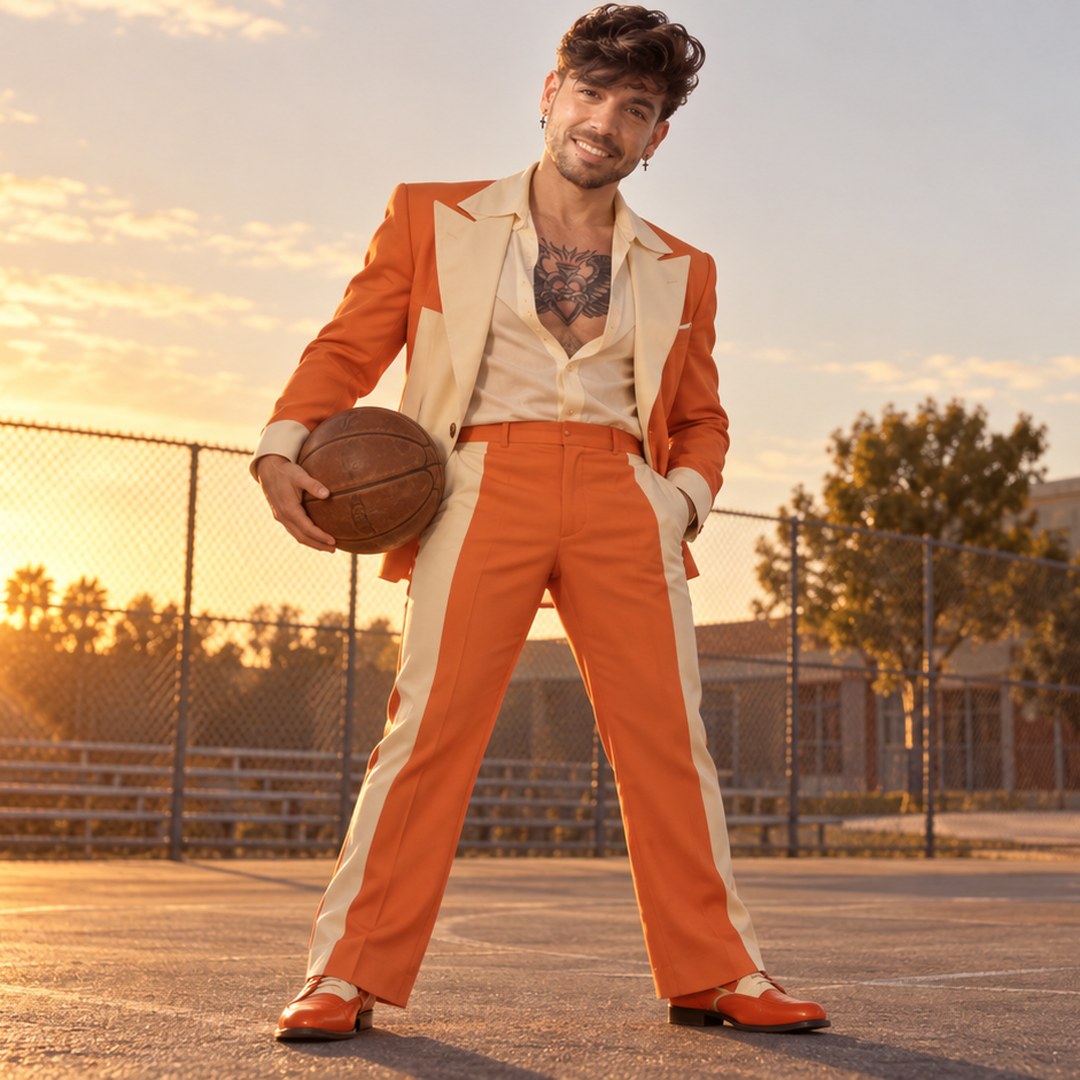 Mike Sain't Louis con traje naranja y crema sujetando un balón de baloncesto en una cancha exterior al atardecer — foto PLANETA GAYFOLK.