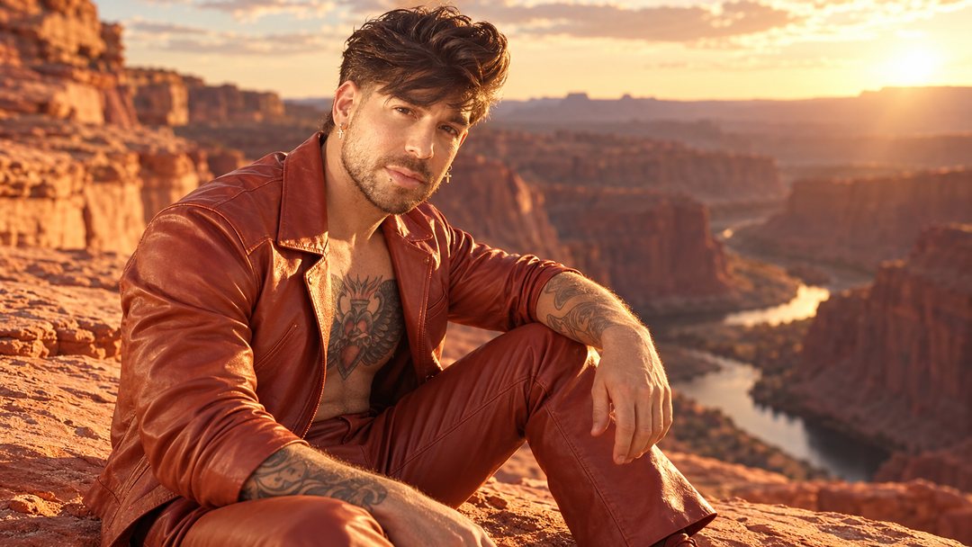 Mike Sain't Louis con traje de cuero teja sentado al borde de un cañón con un río al atardecer — retrato Tupé Grease PLANETA GAYFOLK.