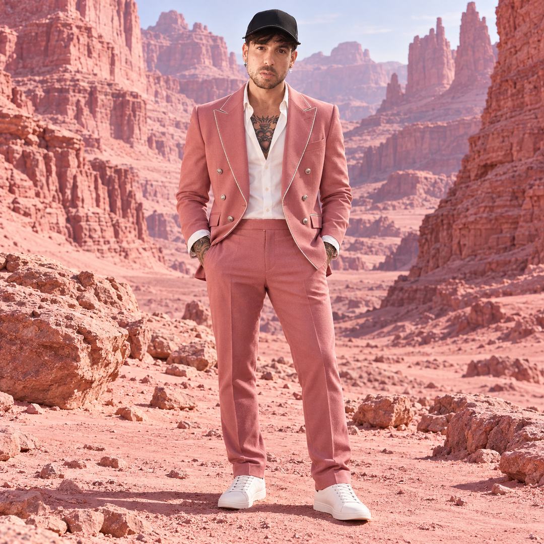 Mike Sain't Louis con traje rosa y gorra negra de pie entre las rocas de un cañón rosa — foto PLANETA GAYFOLK.