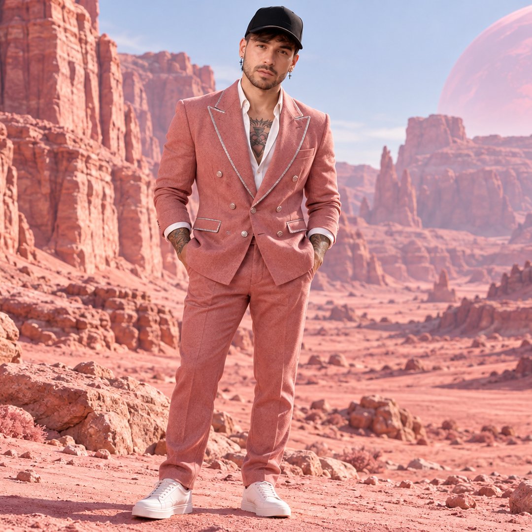 Mike Sain't Louis con traje rosa y gorra negra en un cañón de roca rosa con un planeta en el cielo — foto PLANETA GAYFOLK.