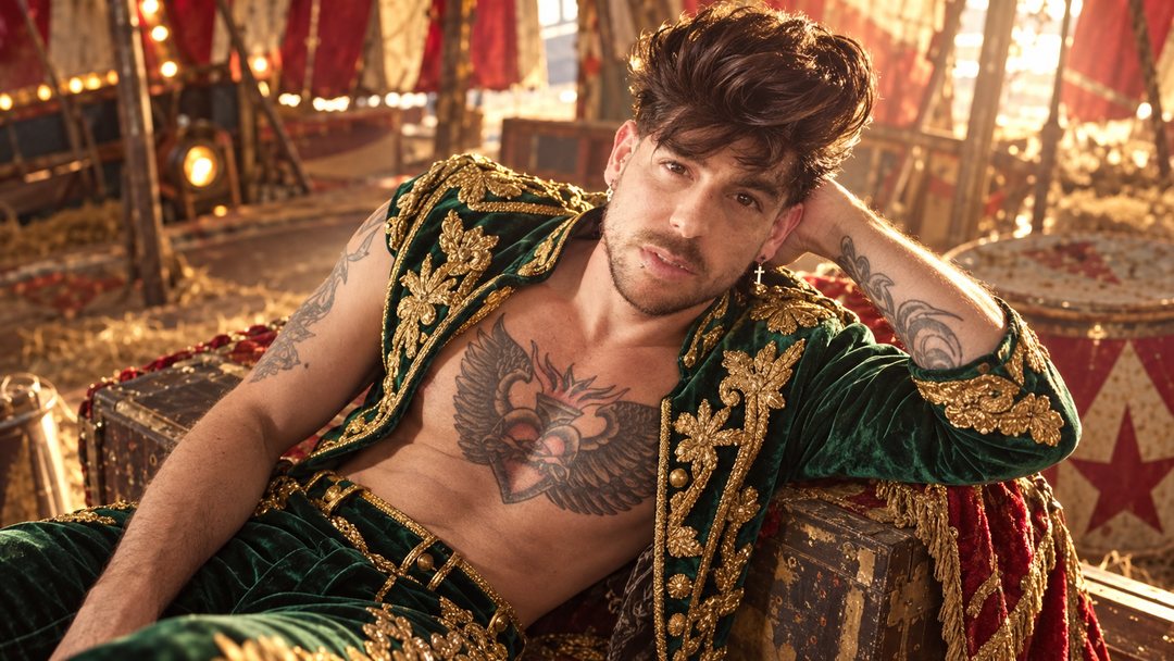 Mike Sain't Louis con chaqueta de terciopelo verde bordada en oro recostado sobre un baúl bajo una carpa de circo — retrato Tupé Grease PLANETA GAYFOLK.