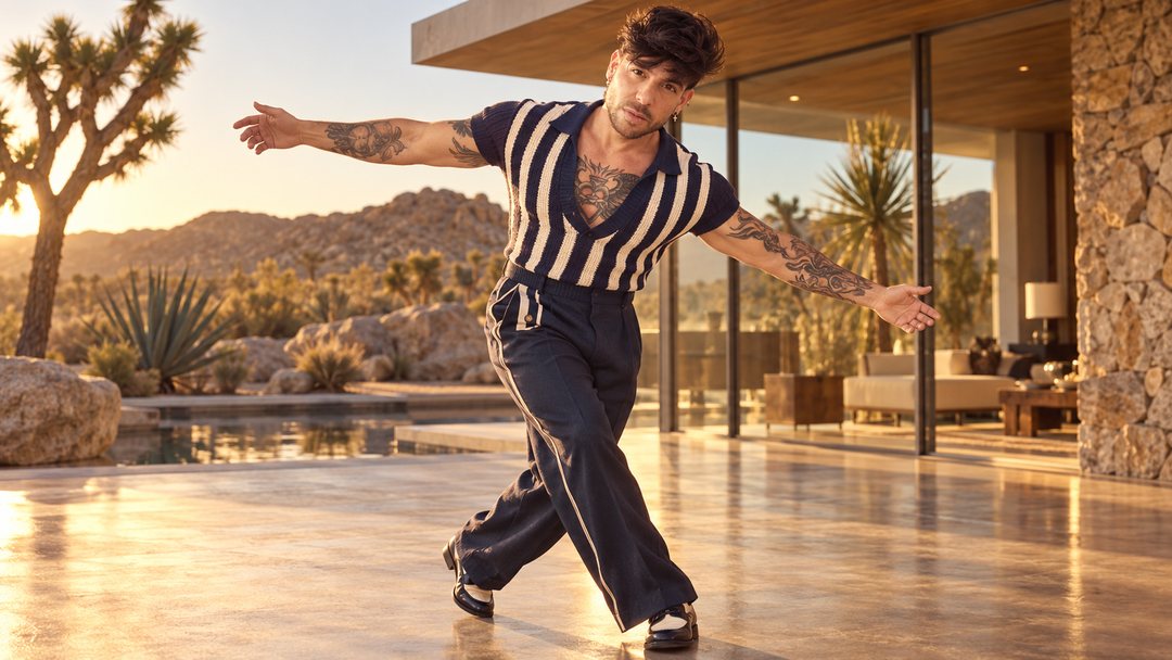 Mike Sain't Louis con camiseta de rayas y pantalón azul marino bailando en la terraza de una casa moderna del desierto — retrato Tupé Grease PLANETA GAYFOLK.