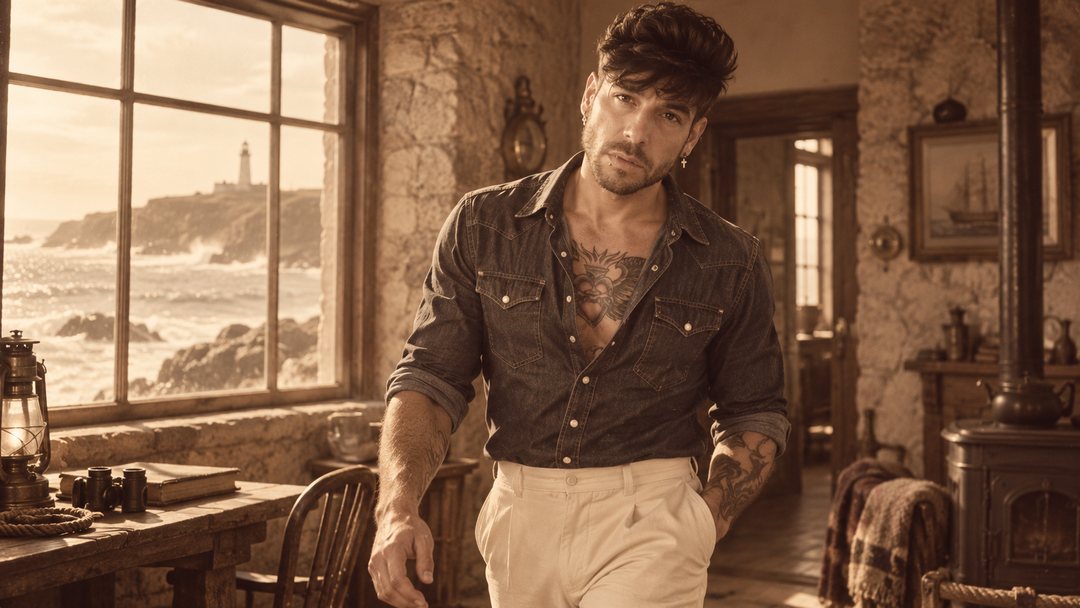 Mike Sain't Louis con camisa vaquera y pantalón claro en una casa de piedra con ventana al mar y un faro — foto retro PLANETA GAYFOLK.