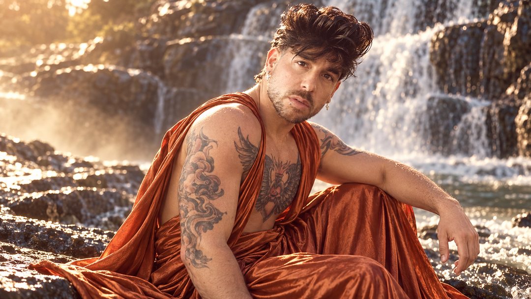 Mike Sain't Louis con túnica de satén teja sentado en las rocas junto a una cascada — retrato Tupé Grease PLANETA GAYFOLK.