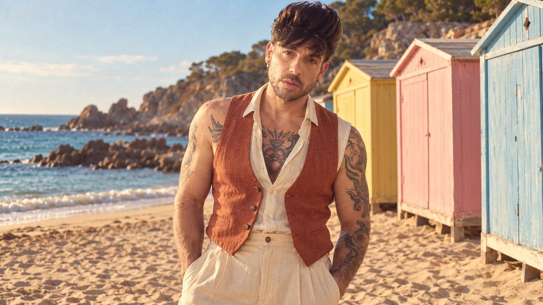Mike Sain't Louis con chaleco teja y camisa blanca en una playa con casetas de colores — foto retro PLANETA GAYFOLK.