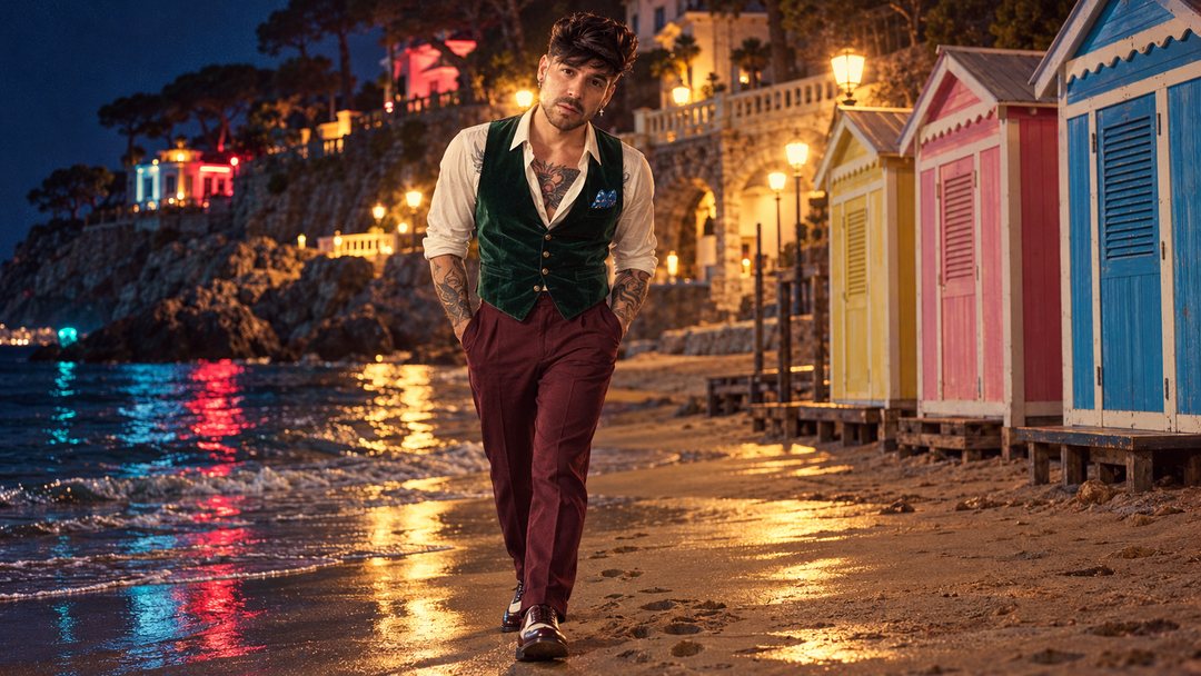 Mike Sain't Louis con chaleco verde y pantalón burdeos caminando de noche por una playa con casetas de colores — foto retro PLANETA GAYFOLK.