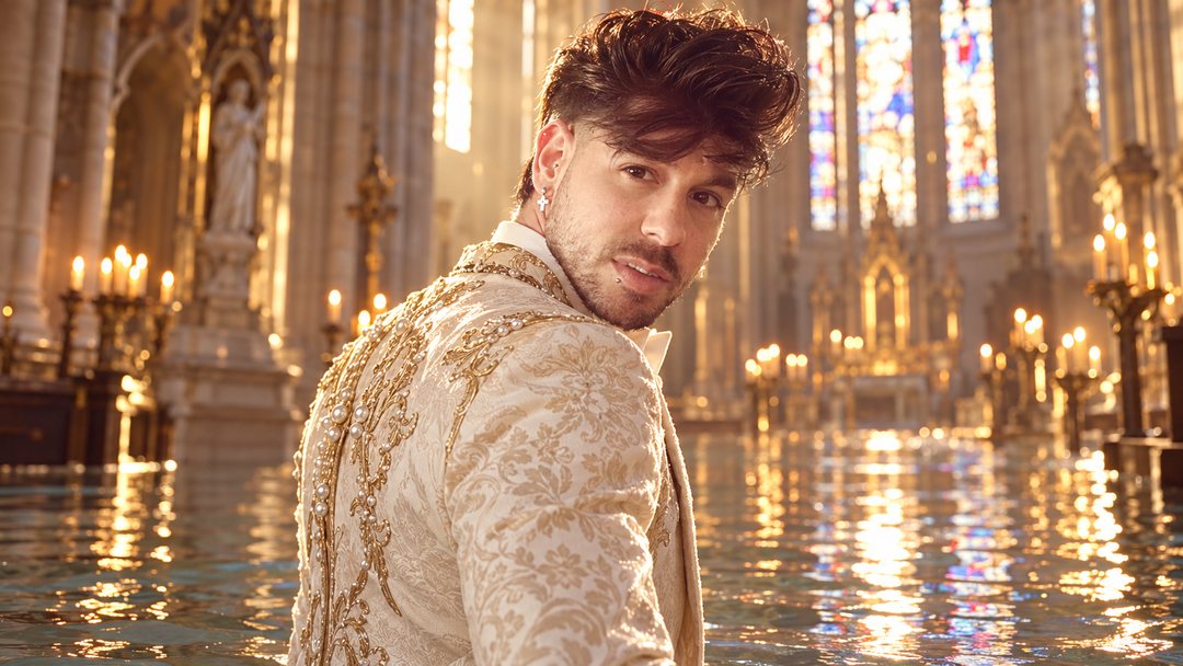 Mike Sain't Louis con chaqueta de brocado blanco y oro en una catedral gótica con vidrieras, velas y el suelo cubierto de agua — retrato Tupé Grease PLANETA GAYFOLK.