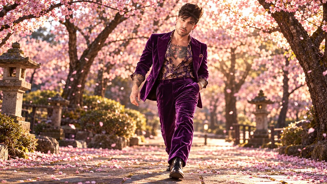 Mike Sain't Louis con traje de terciopelo morado caminando por un sendero entre cerezos en flor con faroles de piedra — retrato Tupé Grease PLANETA GAYFOLK.