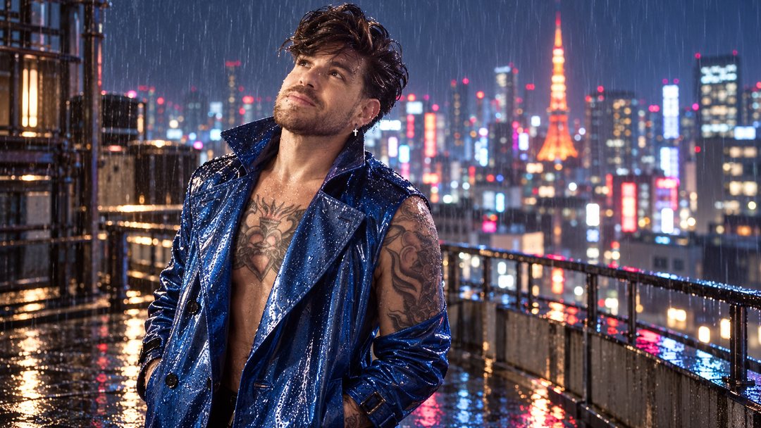 Mike Sain't Louis con chaqueta de charol azul en una pasarela mojada bajo la lluvia ante una ciudad iluminada de noche con una torre roja — retrato Tupé Grease PLANETA GAYFOLK.