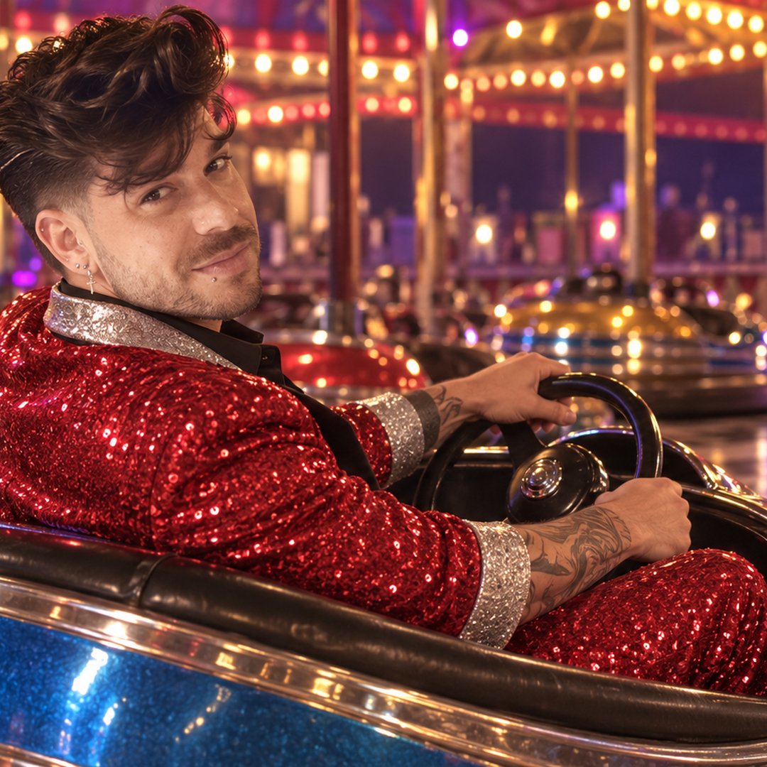 Mike Sain't Louis con traje de lentejuelas rojas conduciendo un coche de choque en una feria — foto PLANETA GAYFOLK.