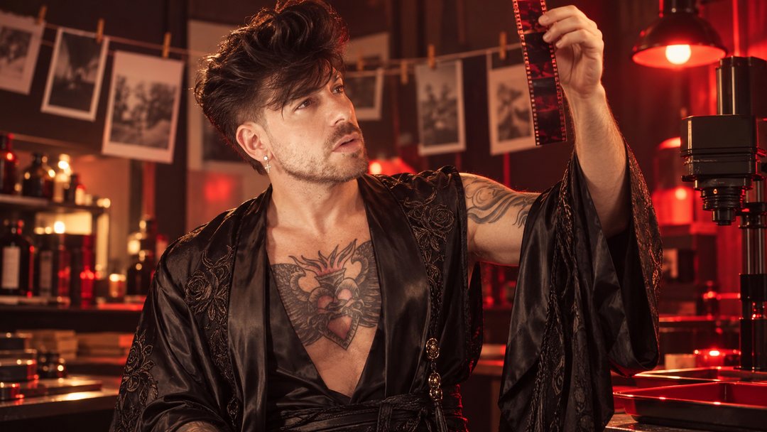 Mike Sain't Louis con bata de satén negro colgando un negativo en un cuarto oscuro de revelado con luz roja — retrato Tupé Grease PLANETA GAYFOLK.