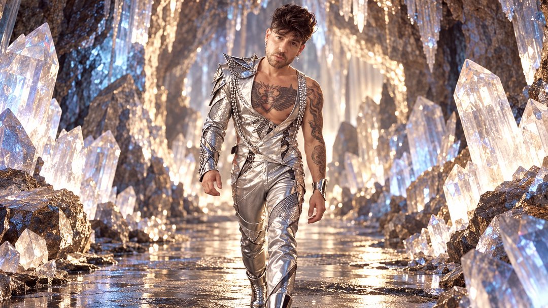 Mike Sain't Louis con traje plateado caminando por una cueva de cristales gigantes — retrato Tupé Grease PLANETA GAYFOLK.