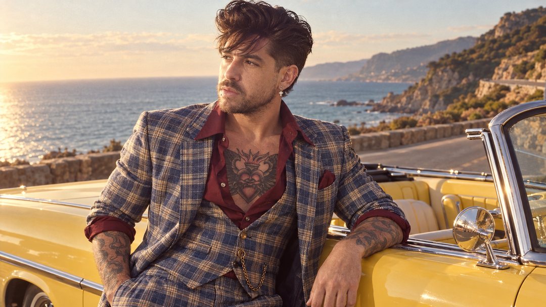 Mike Sain't Louis con americana de cuadros apoyado en un descapotable amarillo junto a la costa — foto retro PLANETA GAYFOLK.