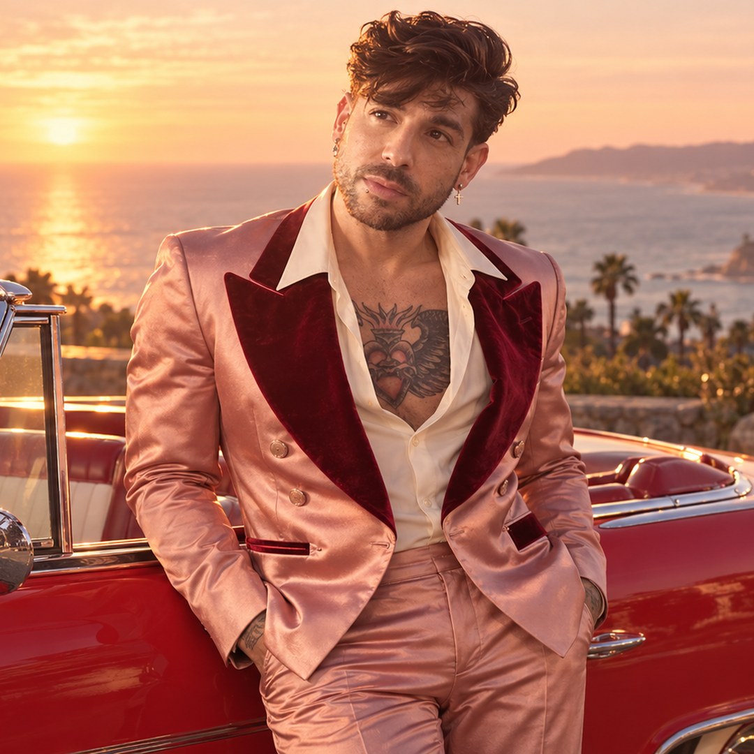 Mike Sain't Louis con traje rosa satinado de solapas burdeos apoyado en un descapotable rojo frente a una bahía al atardecer — foto PLANETA GAYFOLK.
