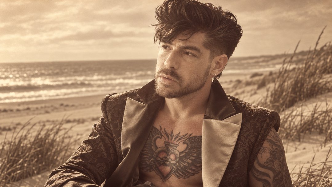 Mike Sain't Louis con chaqueta de brocado y solapas satinadas en una playa de dunas — foto retro PLANETA GAYFOLK.