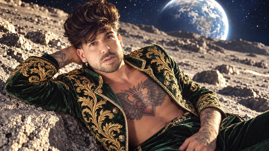 Mike Sain't Louis con chaqueta de terciopelo verde bordada en oro recostado en la superficie de la Luna con la Tierra al fondo — retrato Tupé Grease PLANETA GAYFOLK.
