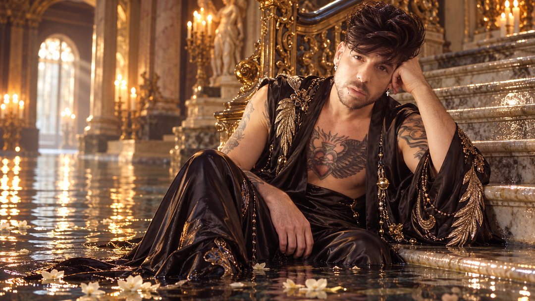Mike Sain't Louis con kimono negro y dorado sentado en la escalinata de mármol de un palacio con el suelo encharcado y pétalos — retrato Tupé Grease PLANETA GAYFOLK.
