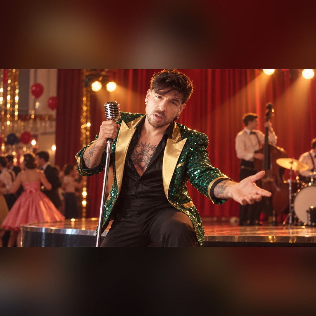 Mike Sain't Louis con chaqueta de lentejuelas verdes cantando con un micrófono vintage en un escenario con banda — foto PLANETA GAYFOLK.