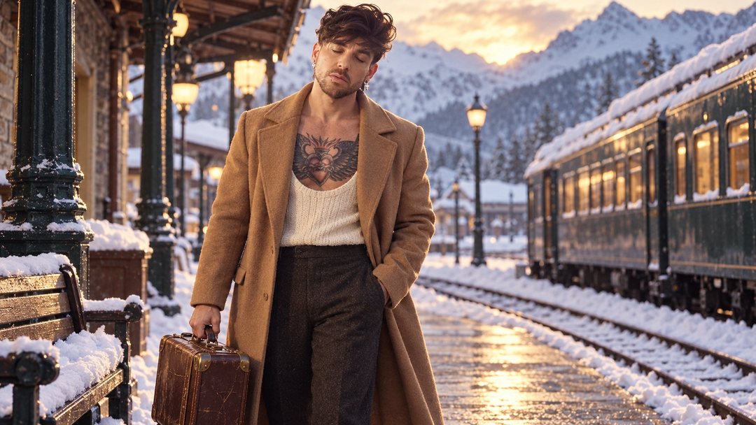 Mike Sain't Louis con abrigo camel y maleta de cuero en el andén nevado de una estación de montaña junto a un tren verde — retrato Tupé Grease PLANETA GAYFOLK.