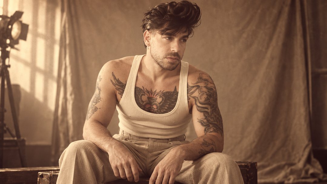 Mike Sain't Louis con camiseta de tirantes sentado ante un telón en un estudio de fotografía con un foco — foto retro PLANETA GAYFOLK.