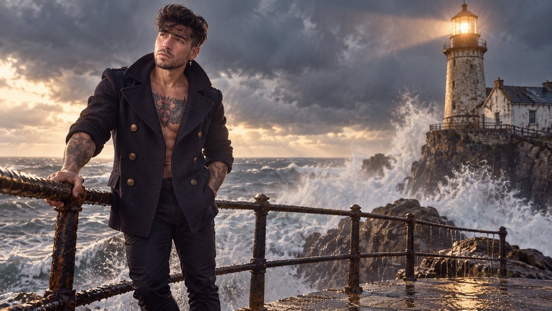 Mike Sain't Louis con chaquetón marinero azul junto a una barandilla frente a un faro y olas rompiendo bajo un cielo de tormenta — retrato Tupé Grease PLANETA GAYFOLK.
