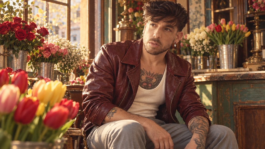 Mike Sain't Louis con cazadora de cuero granate sentado en una floristería con tulipanes — foto retro PLANETA GAYFOLK.