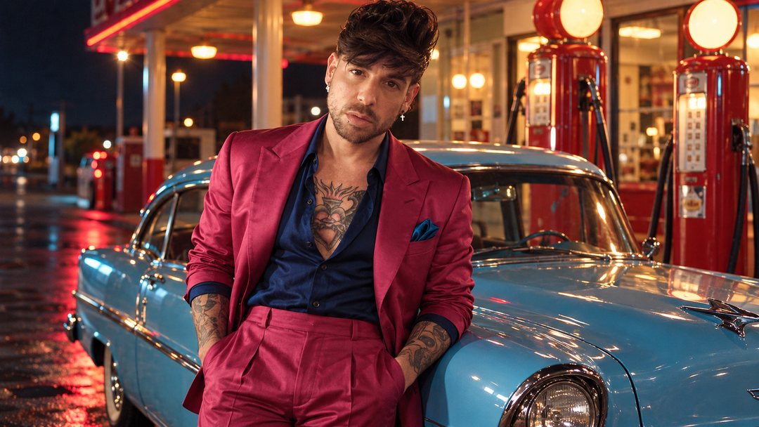 Mike Sain't Louis con traje fucsia junto a surtidores rojos y un coche clásico azul de noche — foto retro PLANETA GAYFOLK.