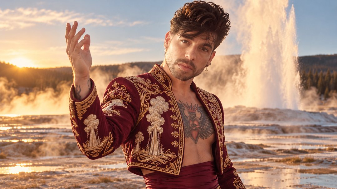 Mike Sain't Louis con chaqueta corta de terciopelo granate bordada en oro junto a un géiser humeante al atardecer — retrato Tupé Grease PLANETA GAYFOLK.