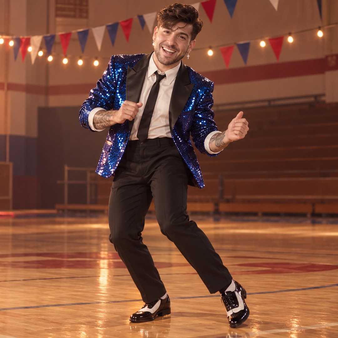 Mike Sain't Louis bailando con chaqueta de lentejuelas azules y corbata negra en el gimnasio de un instituto decorado — foto PLANETA GAYFOLK.