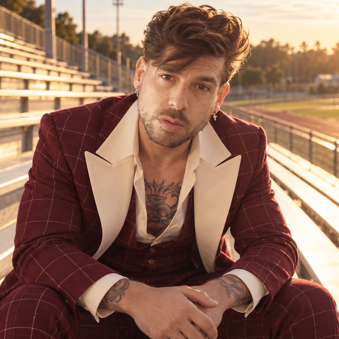 Mike Sain't Louis con traje burdeos de cuadros y solapas crema sentado en las gradas de un estadio al atardecer — foto PLANETA GAYFOLK.