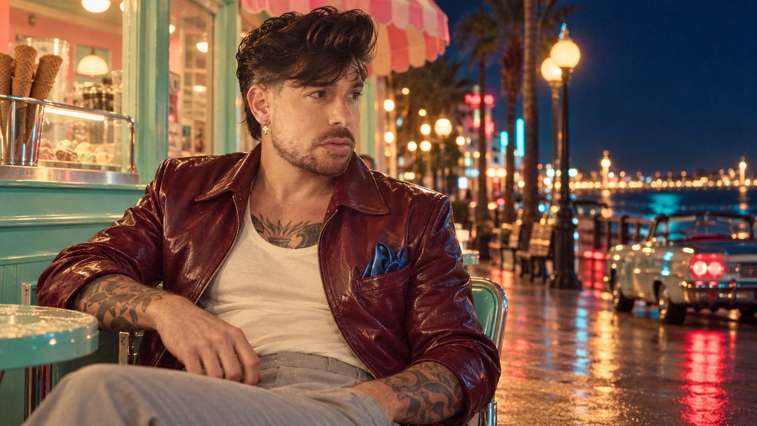 Mike Sain't Louis con cazadora de cuero burdeos en una heladería junto a un paseo marítimo de noche — foto retro PLANETA GAYFOLK.