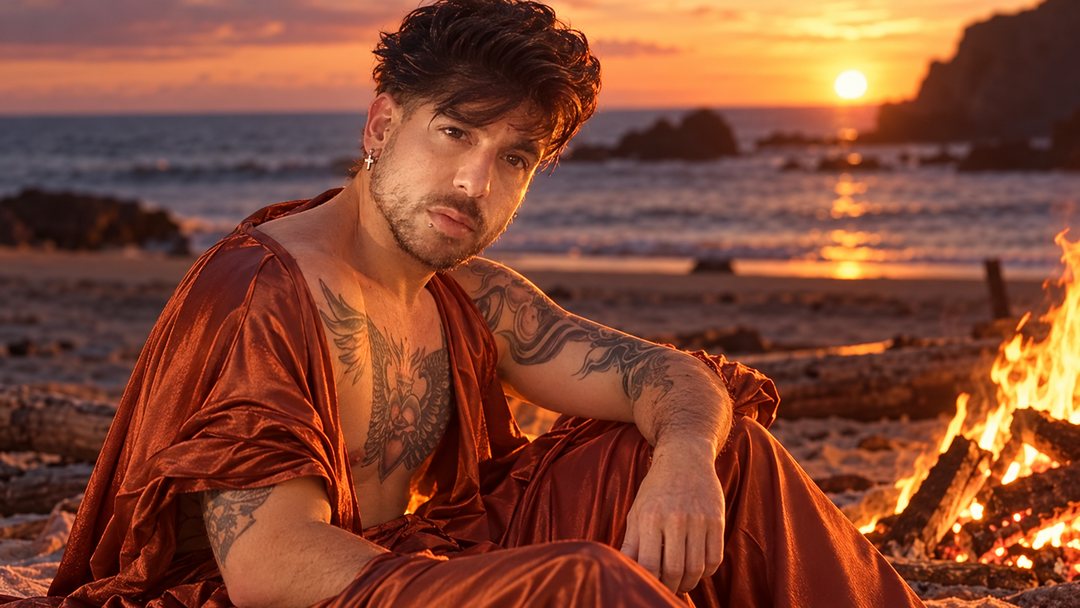 Mike Sain't Louis con túnica de satén teja sentado junto a una hoguera en la playa al atardecer — retrato Tupé Grease PLANETA GAYFOLK.