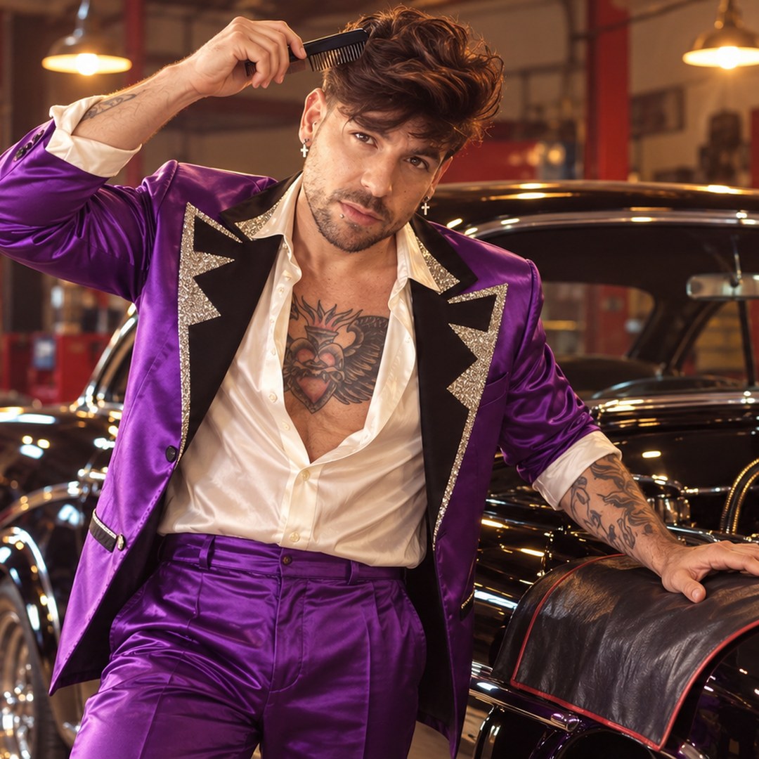 Mike Sain't Louis con traje morado satinado junto a un hot rod con motor cromado en un garaje — foto PLANETA GAYFOLK.