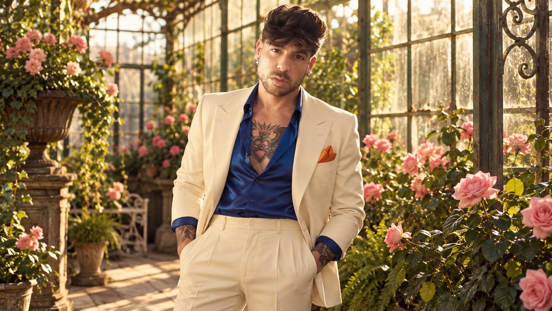 Mike Sain't Louis con traje crema y camisa azul en un invernadero lleno de rosas — foto retro PLANETA GAYFOLK.