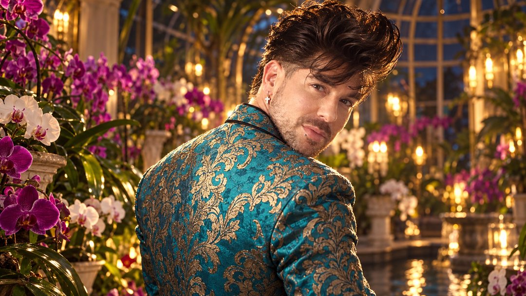 Mike Sain't Louis con chaqueta de brocado turquesa y oro entre orquídeas en un invernadero iluminado con velas — retrato Tupé Grease PLANETA GAYFOLK.