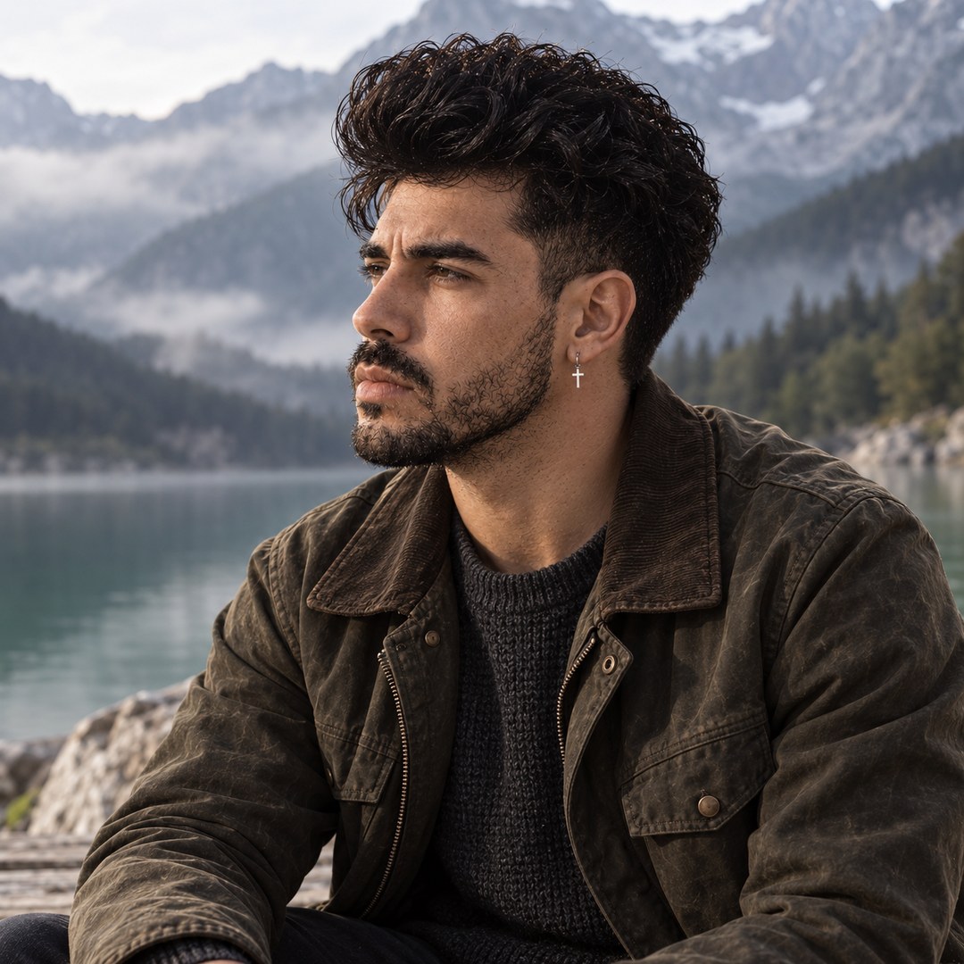 Mike Sain't Louis con chaqueta verde frente a un lago de montaña con niebla — foto PLANETA GAYFOLK.