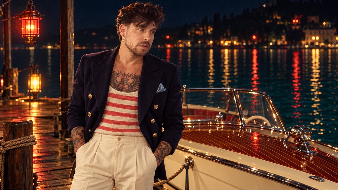 Mike Sain't Louis con chaqueta azul marino y camiseta de rayas junto a una lancha de madera en un puerto de noche — foto retro PLANETA GAYFOLK.