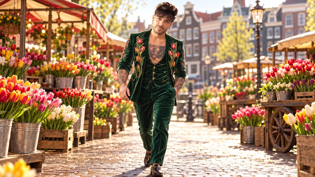 Mike Sain't Louis con traje verde bordado de flores caminando por un mercado de tulipanes junto a casas holandesas — retrato Tupé Grease PLANETA GAYFOLK.