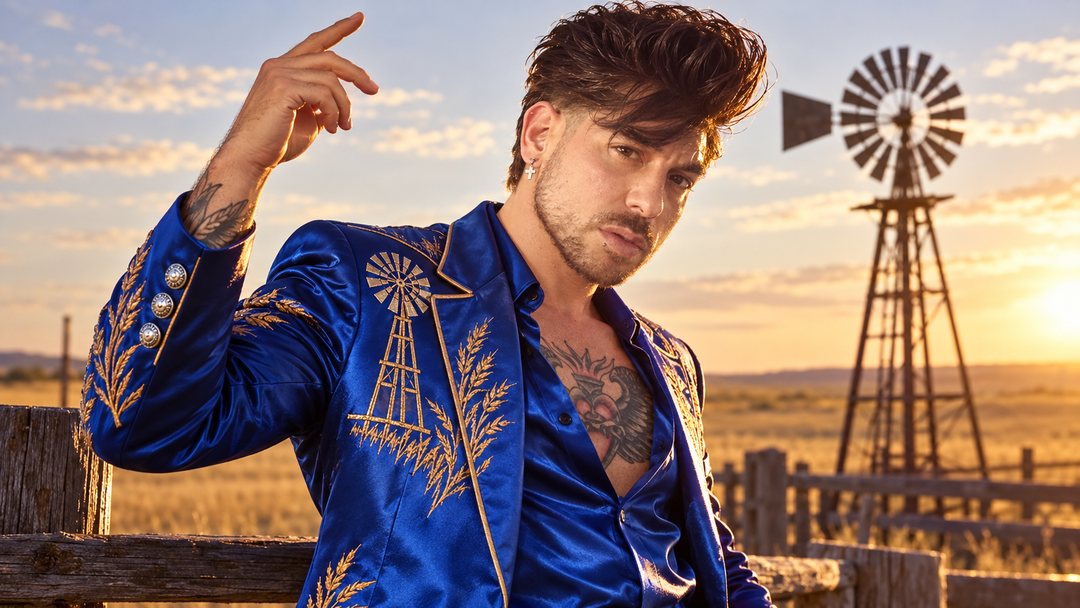 Mike Sain't Louis con chaqueta western azul bordada en oro junto a un molino de viento en el campo al atardecer — retrato Tupé Grease PLANETA GAYFOLK.