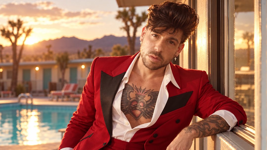 Mike Sain't Louis con americana roja de solapas negras asomado a la ventana de un motel del desierto con piscina al atardecer — retrato Tupé Grease PLANETA GAYFOLK.